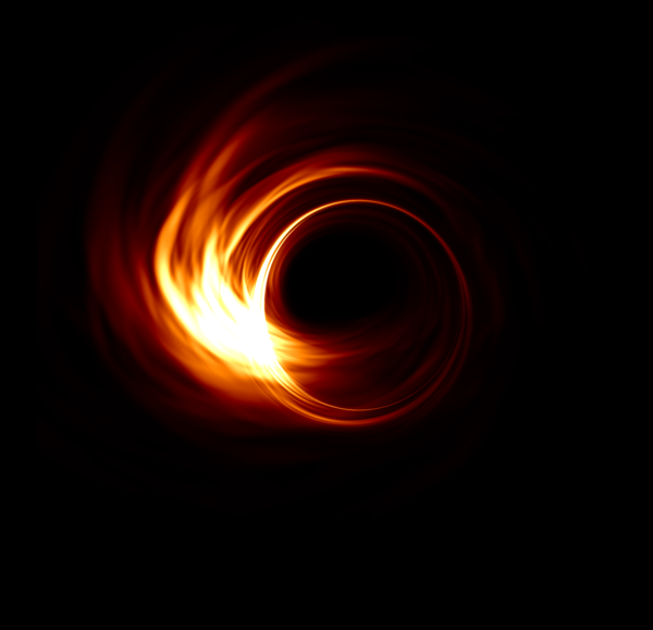 Suurhanke Event Horizon Telescope (EHT) yrittää saada kuvattua Sagittarius A*:n suoraan, ja kuvaushanke on jo käynnissä. Tuloksia odotellaan yhä. Miltä aukko näyttäisi radiokuvissa? Tietokonesimulaatioiden mukaan näyttäisi tältä, jos aukkoa katsottaisiin yläviistosta. Hurja painovoima vääntää aukkoa kiertävän kaasukiekon säteilemän valon renkaaksi aukon ympärille. Tumma pyöreä alue on mustan aukon varjo, tapahtumahorisontin rajaama alue. Kuva Hotaka Shiokawa Lisää EHT-kuvia ja -animaatioita: http://eventhorizontelescope.org/simulations-gallery