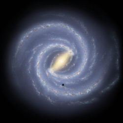 Linnunrata sellaisena kuin sen uskotaan näyttävän, taiteilijan näkemys. Aurinkokunnan sijainti on merkitty kuvaan pisteellä, joskin on sanottava että pisteen koko on roimasti suurempi kuin aurinkokunta ja edustaa pikemminkin sitä aluetta galaksista, jota voimme havaita näkyvän valon alueen kaukoputkilla ennen kuin spiraalihaarojen pöly tulee tielle. (Kuva Nasa / JPL-Caltech / R. Hurt [SSC-Caltech]) 