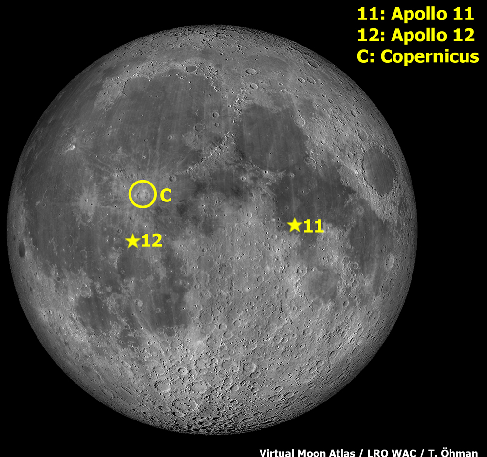 Copernicuksen, Apollo 11:n ja 12:n sijainti Kuussa.