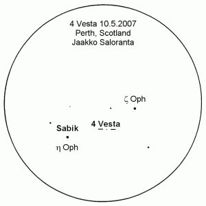 Kuva 3. Jaakko Saloranta havaitsi asteroidin 4 Vesta Skotlannin Perthissä paljain silmin 10.5.2007.