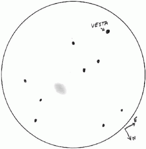 Kuva 7. Mikko Olkkonen havaitsi asteroidin 4 Vesta Kirkkonummella 29.3.2003 klo 22.05 455/2280 mm -kaukoputkella.