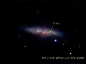Messier 82 ja supernova SN2014j 25.3.2014. Kuva: Jari-Pekka Savojoki.