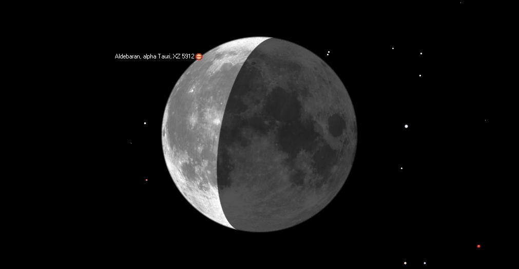 Kuva (aldebaran_2015_08_09.jpg): Kuvassa punertavana ympyränä esitetty Aldebaran peittyi Helsingissä Kuun sirpin pohjoisen kärjen lähellä 8./9.8.2015 klo 1.38.21. Kuvasta tunnistaa helposti Sinus Iridiumin ja Kopernikus-kraatterin sekä Kuun pimeältä puolelta Mare Crisiumin. Aldebaran tunnetaan myös XZ-luettelon numerona 5912. Kuvan on tuottanut Lunar Occultation Workbench 4.1. 