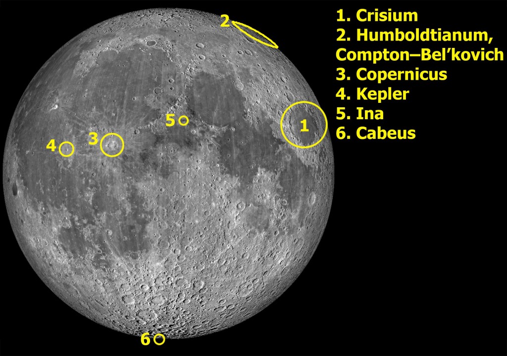 Kuva 2. Artikkelissa mainittujen lähipuolen ja libraatiovyöhykkeen kohteiden sijainnit. Kuva: Virtual Moon Atlas / LRO WAC / T. Öhman.