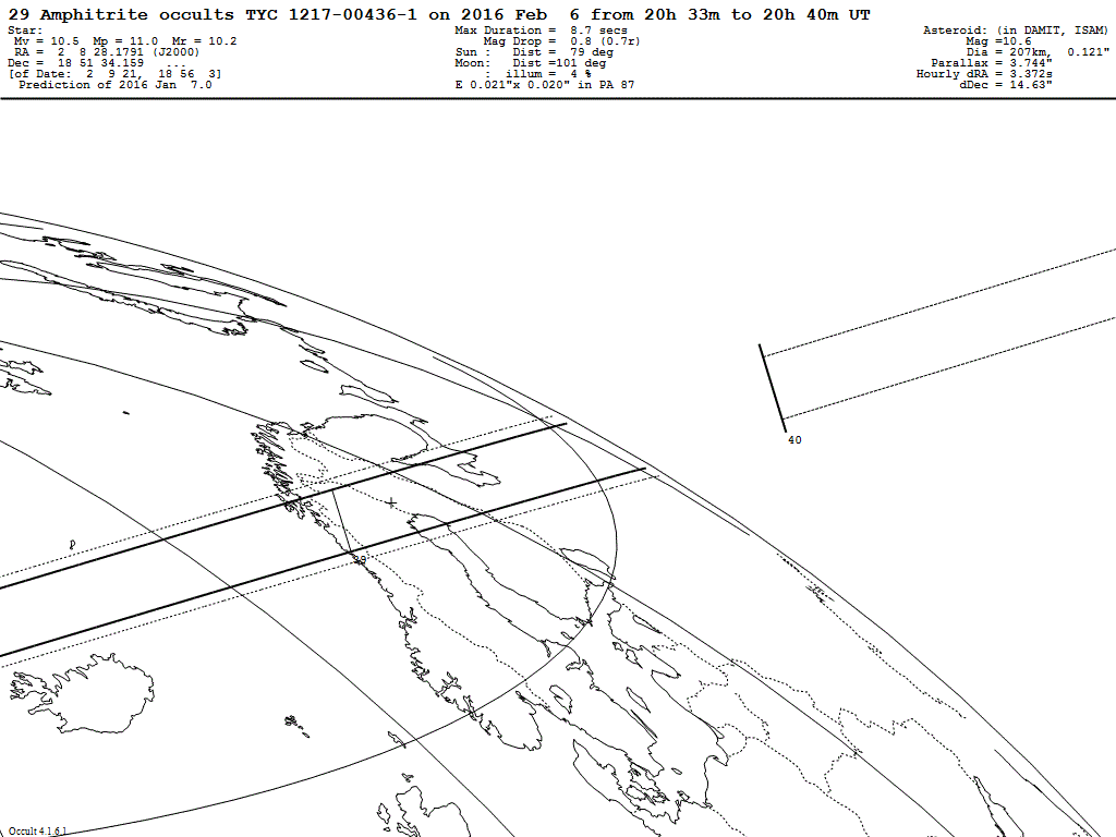 Kuva 2. Pikkuplaneetan 29 Amphitrite peittyminen näkyy 6.2.2016 Pohjois-Suomen poikki kulkevalla vyöhykkeellä. Kartassa on myös tietoja tähdestä, pikkuplaneetasta ja peittymisen kestosta.