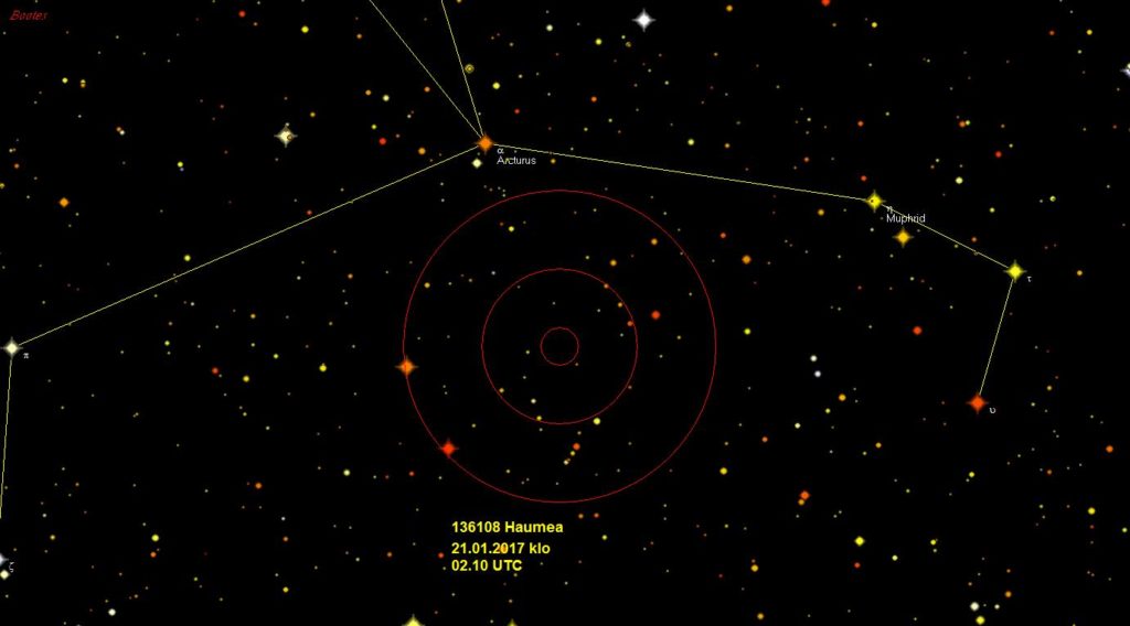 Kuva 2. Kääpiöplaneetta Haumea on 21.1.2017 klo 2.10 UT sijainti Arcturuksen lähellä. TelRad-etsimen sisin ympyrä on puolen asteen läpimittainen. Uloimman ympyrän halkaisija on neljä astetta.