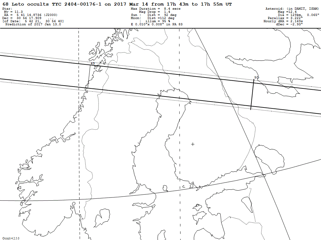 Kuva 4. Pikkuplaneetta 68 Leto peittää taakseen 14.3.2017 tähden TYC 204-00176-1 kartan esittämällä alueella. 