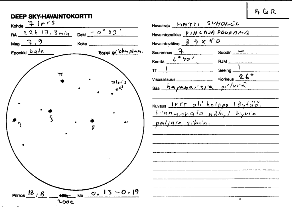 Kuva 1: Matti Suhonen havaitsi pikkuplaneettaa 7 Iris Nastolassa 7 × 50 -kiikarilla 18.8.2002. Piirroksen tekoon kului kuusi minuuttia klo 0.13–0.19. Iris oli Vesimiehen Vesikannun lähellä nuolella merkityssä kohdassa. Pikkuplaneetan kirkkaus oli 7,9 magnitudia. 