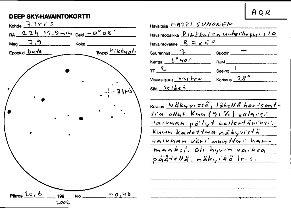 Kuva 2: Matti Suhonen havaitsi pikkuplaneetta 7 Iris Helsingissä Pirkkolan Urheilupuiston kallioisella alueella 20.8.2002. Havaintoväline oli sama 7 × 50 -kiikari. Taivaalla ollut Kuu värjäsi taivaan kellertäväksi. Kuun laskettua taivas muuttui harmaaksi.