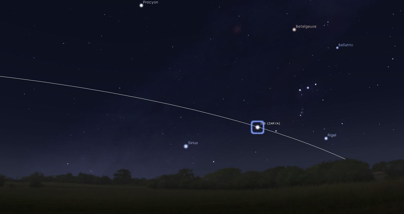 Avaruusasema ISS marraskuun 7. päivän aamuna etelärannikon horisontissa (Kuva: Stellarium)