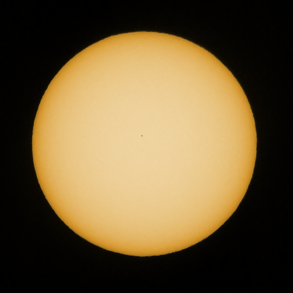 Ylikulun keskivaiheilla kello 15.20 otetussa kuvassa Merkurius näkyy melkein keskellä Auringon kiekkoa. Kuva: Kari A. Kuure, Funchal, Madeira, Portugali. Kamera Panasonic Lumix DC-FZ82 (1200 mm, aukko f/8, valotusaika 1/2500 s, ISO 100.