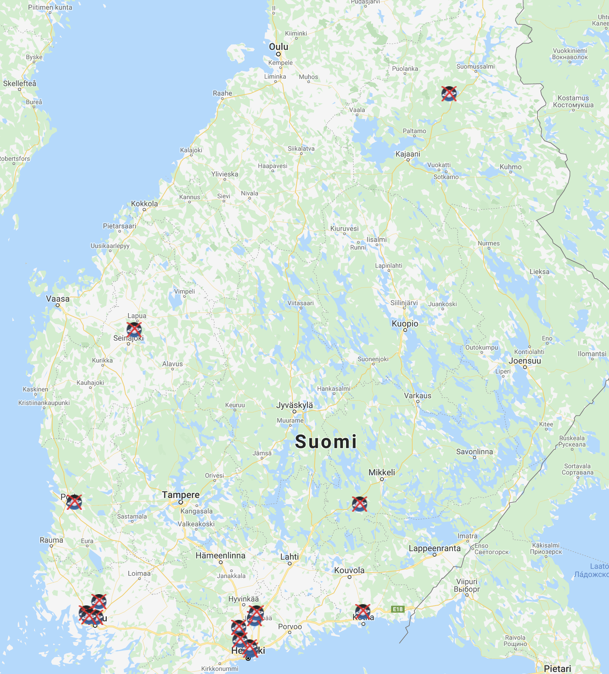 Karttakuva Suomessa tehdyistä havainnoista.