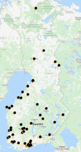 Karttakuva Taivaanvahtiin raportoiduista havainnoista eri puolilta Suomea. Napsauttamalla saat auki karttaikkunan. Kuva: Taivaanvahti / GoogleMaps