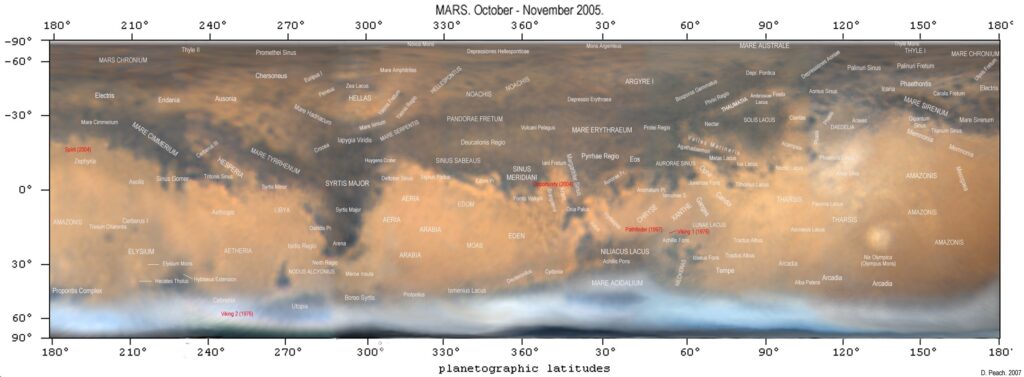 Damian Peach laati tämän kartan omien havaintojensa pohjalta vuoden 2005 opposition aikana. Karttaan on merkitty yksityiskohdat, joita harrastajan kaukoputkella voi Marsista havaita. Hän antoi luvan tämän kartan käyttöön verkkolehdessämme. 