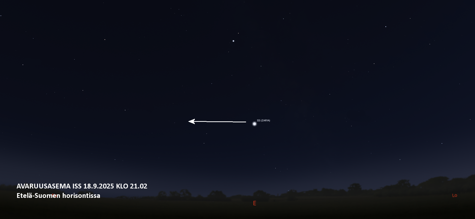 Avaruusasema ISS Etelä-Suomen horisontissa 18.9.2025 kello 21.02